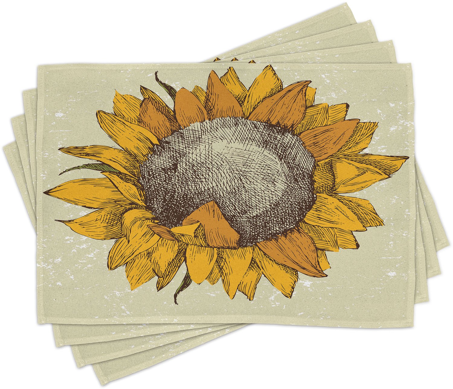 ABAKUHAUS Zonnebloem Placemats Set van 4, Vintage Hand Getekend Zonnebloem Schetsmatig Grunge Weelderige Bladeren, Wasbare Stoffen Placemats voor de Eettafel, Standaardformaat, Geel Beige