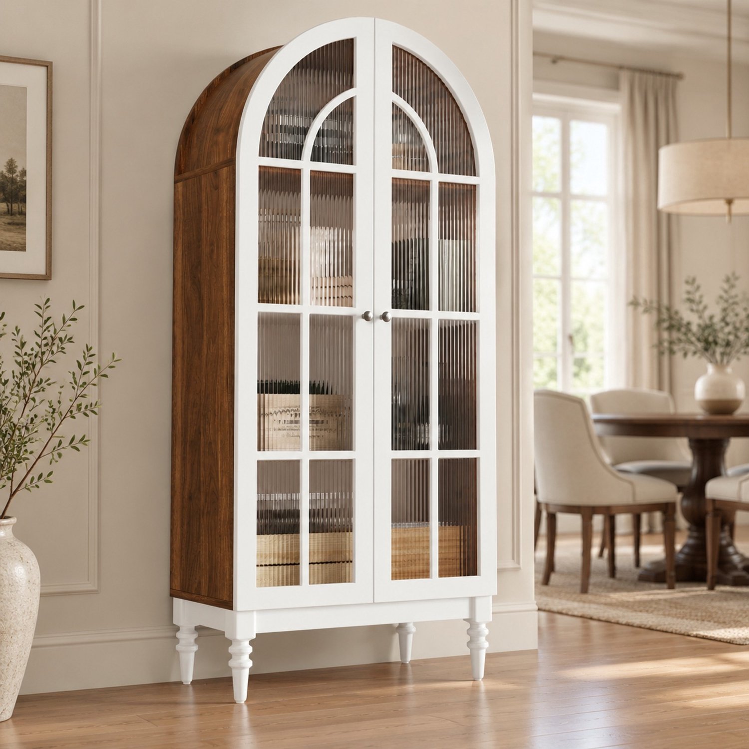 WUVRIE Vitrinekast 76x38,5x165 cm - Boogdesign met dubbele deuren van geribbeld glas - Wit/walnoot