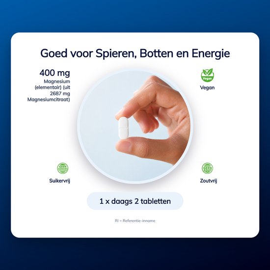 Hand met een wit tablet met 400 mg magnesiumcitraat. Vegan, suikervrij en zoutvrij.