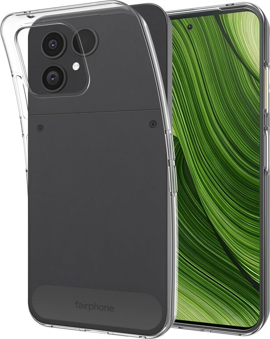 Transparante FlexLite hoes getoond op een grijze smartphone met een groen scherm.