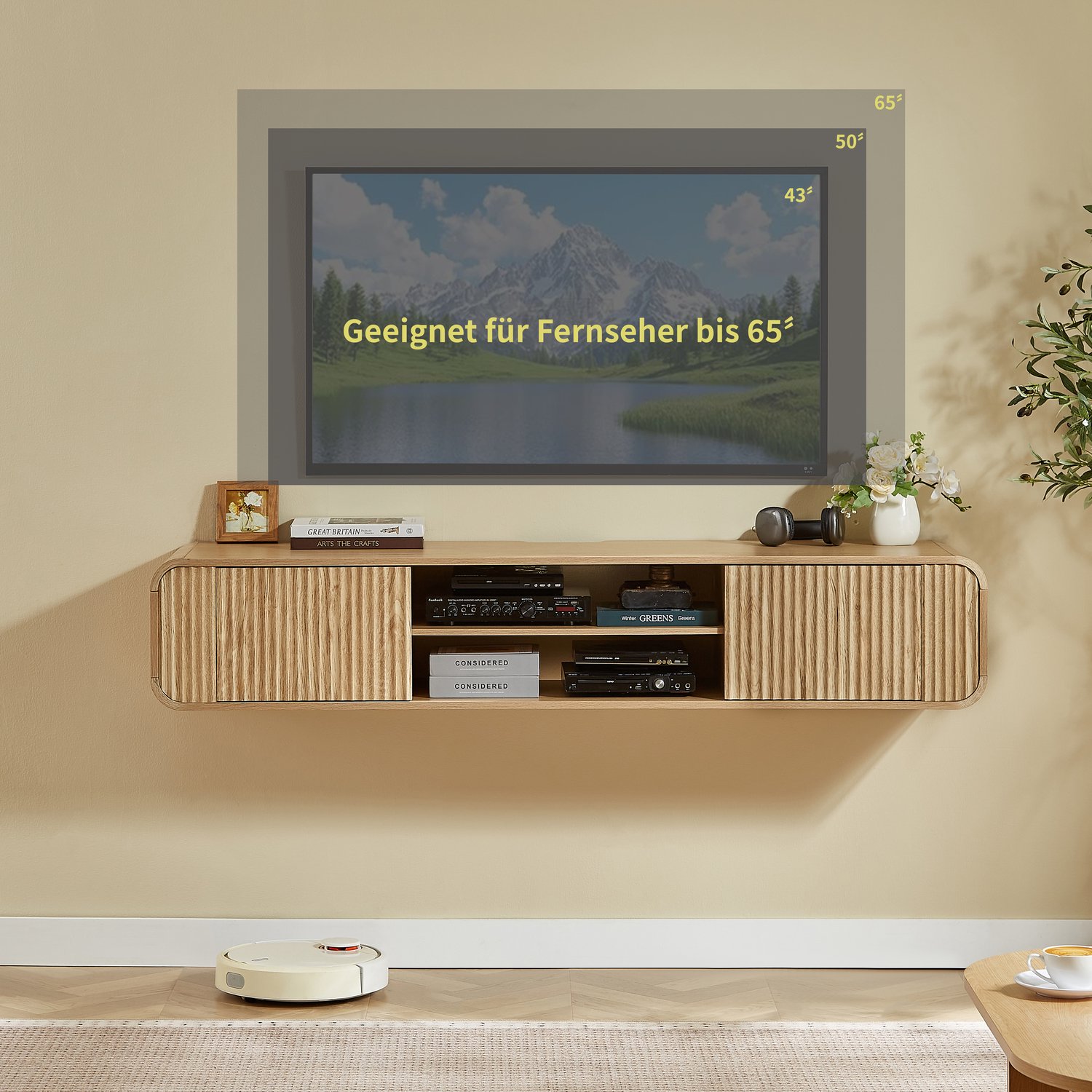 VVBV TV Meubel / TV Kast 150x35x44 cm – Lades, Opbergruimte, Deuren, Tot 60 kg, Lamellendeuren – voor Woonkamer – MDF – Walnoot