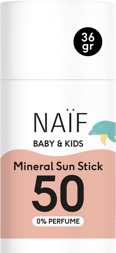 Witte stick met de tekst "NAÏF BABY & KIDS Mineral Sun Stick 50 0% PERFUME" en een dolfijn.