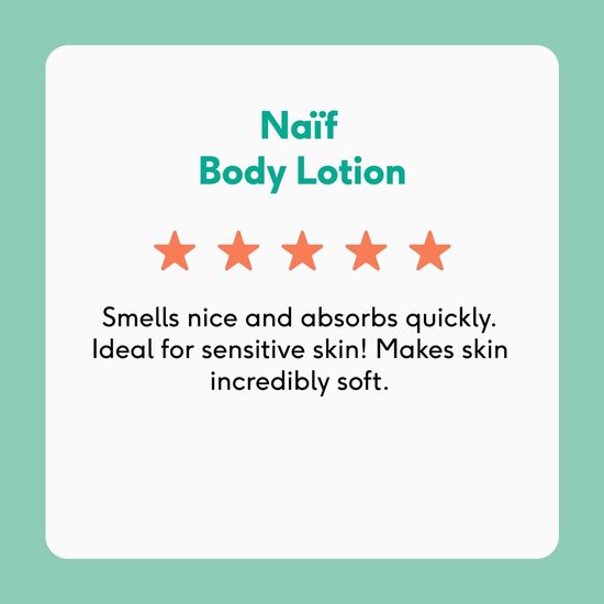 Naïf Body Lotion, met 4 van de 5 sterren. Ruikt lekker, trekt snel in en maakt huid zacht. Ideaal voor gevoelige huid.