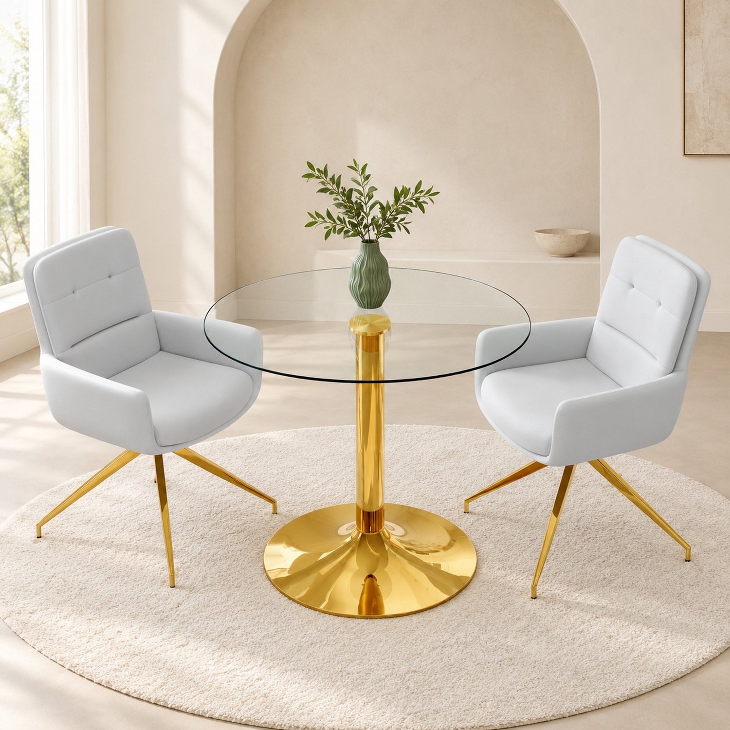 WUVRIE Ronde eettafelset Ø 85 cm - Glazen tafel met 2 draaibare stoelen - Goud/lichtgrijs