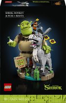 Boîte LEGO Shrek, l'Âne et le Chat Potté de 1403 pièces avec le texte 'SHREK, DONKEY & PUSS IN BOOTS'.