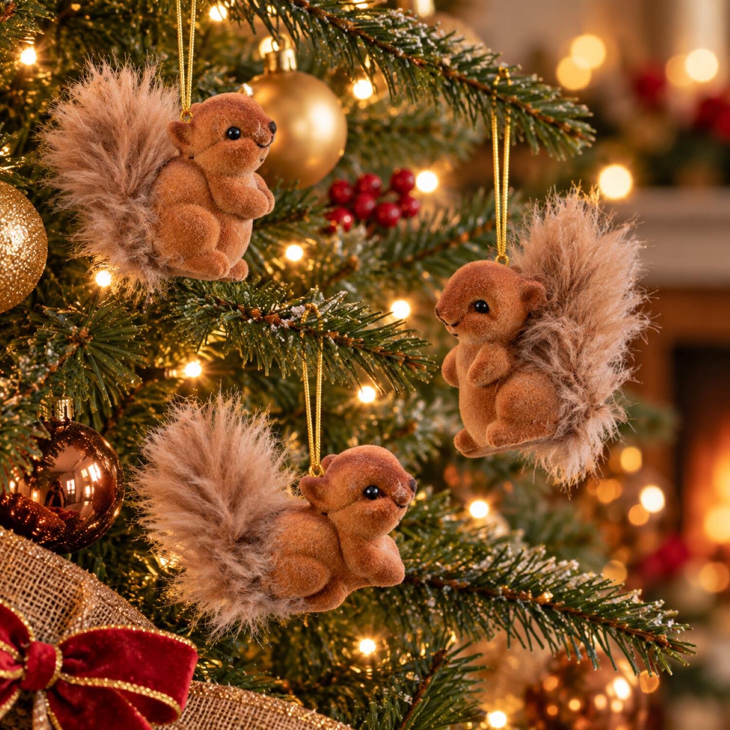 Decoris Kersthangers eekhoorns - 12x st - bruin - 6 cm - polyester - kerstboomversiering - ornamenten Donkerbruin