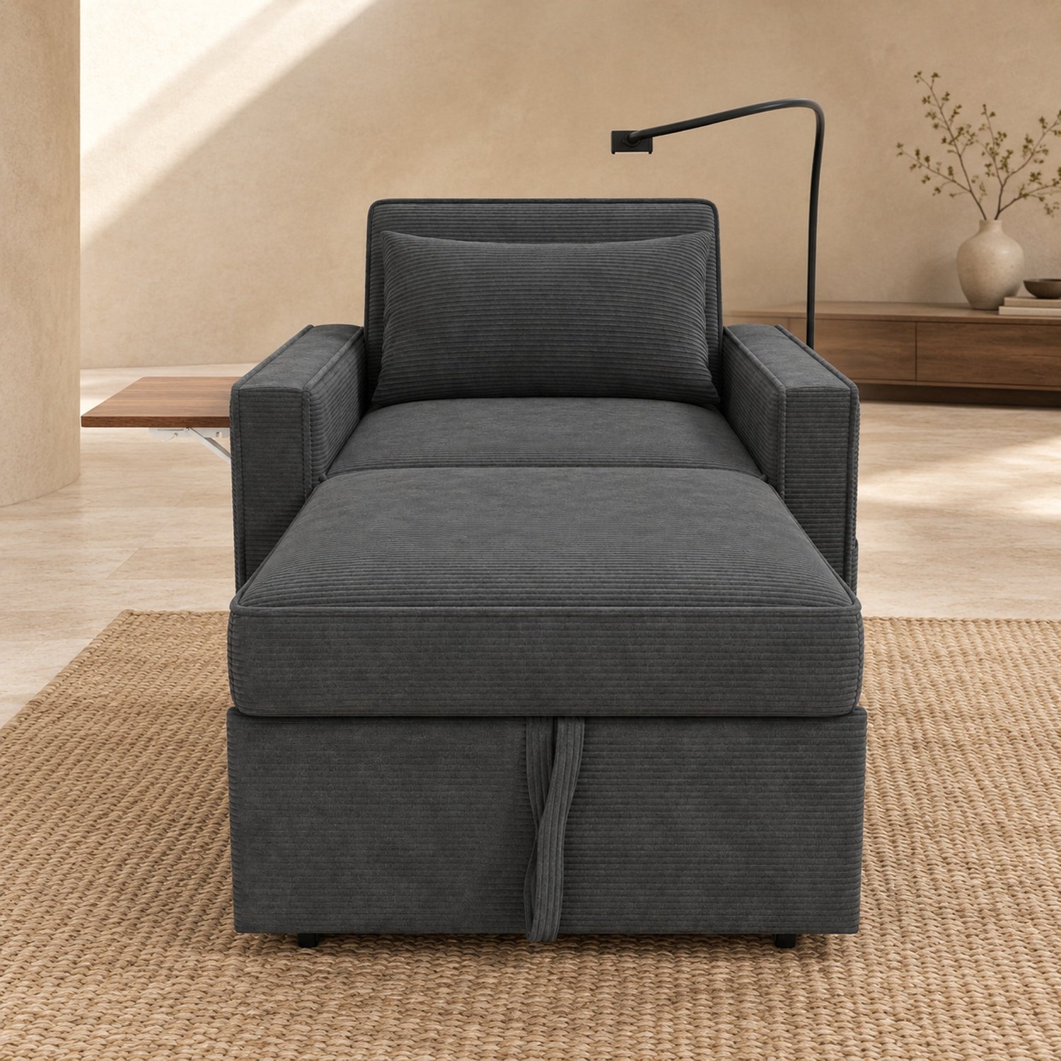 WUVRIE 1-zits slaapfauteuil - 3 standen, USB en Type-C - Met bijzettafel en opbergzakken - Grijs