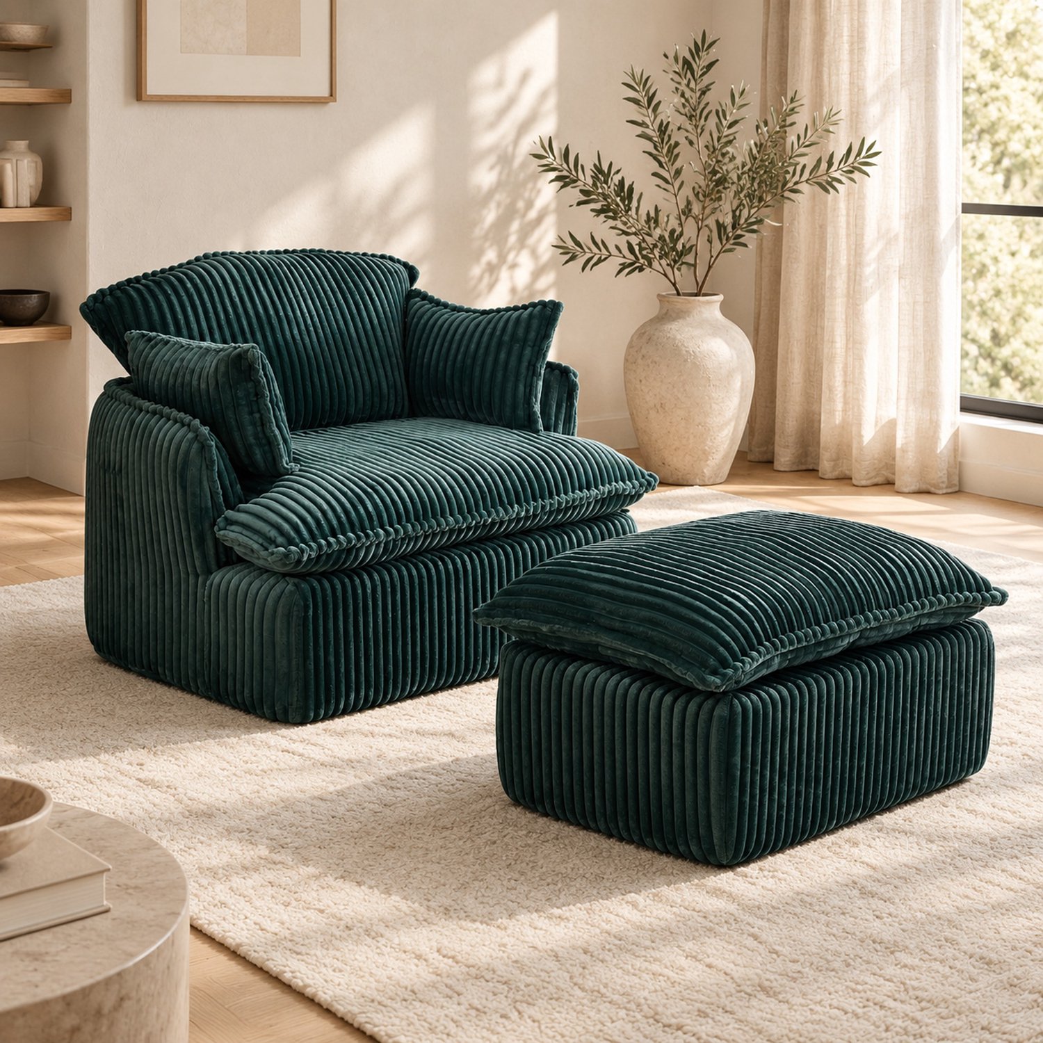 WUVRIE Fauteuil met hocker - Zachte stoffen bekleding en sierkussens - Groen