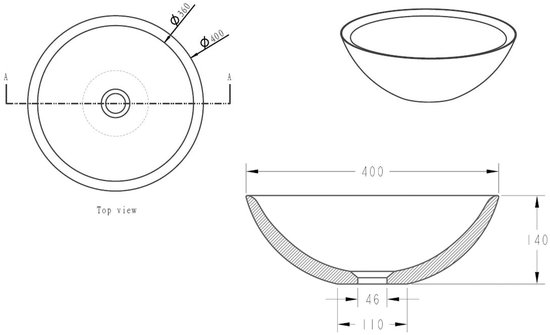 Technische tekening van een ronde waskom met een diameter van 400 mm en een hoogte van 140 mm.