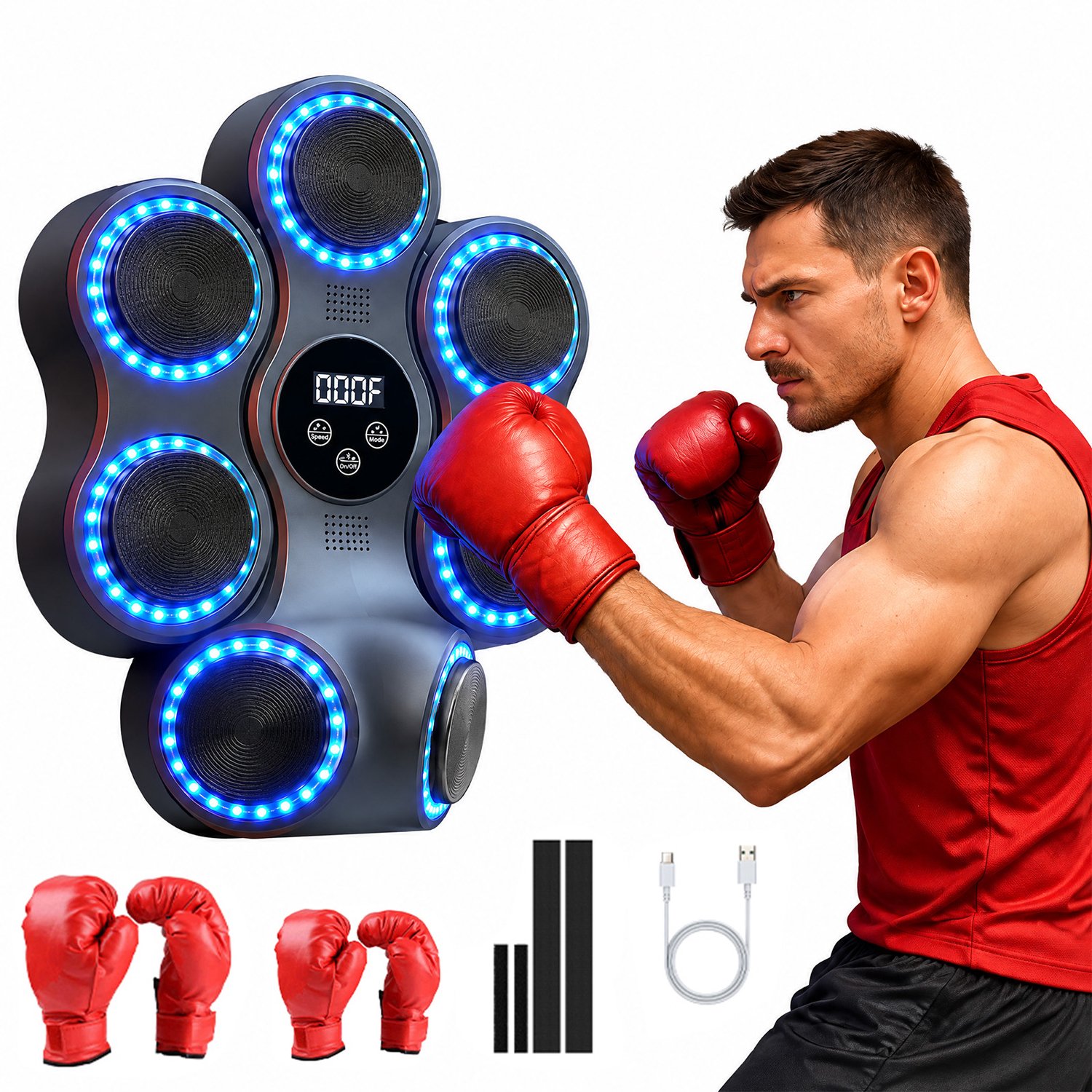 Wall Mounted Smart Music Boxing Target – Hook Punch Versie, Ouderkind Set met Rode Bokshandschoenen, Bluetooth LED Boksmachine voor Thuis