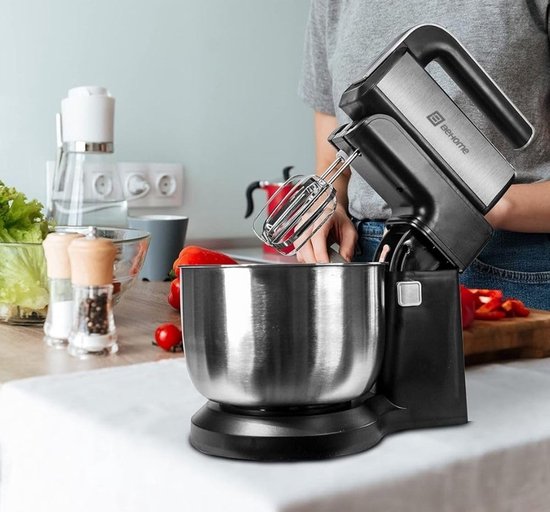 Elektrische handmixer met roterende kom van staal, 3 liter, ledlicht 300 W en 5 instelbare snelheden, garde en kneedhaak — afbeelding 3