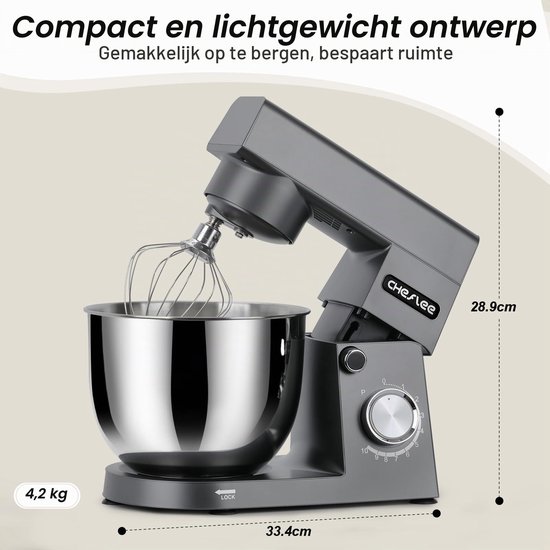 Standmixer 1500W Keukenmachine met 4,5L en 5,5L RVS Kommen met Menghaak,Deeghaak,Garde,10 Snelheden — afbeelding 4