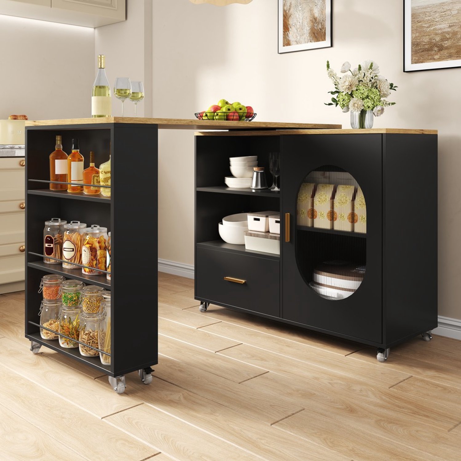 Pugsdrly Verrijdbaar keukeneiland met 360° draaibaar tafelblad, bartafel met opbergruimte, keukenkast met lade, geribbeld glazen deur en verstelbare legplank, 120–180 × 60 × 90 cm, naturel/zwart Natuurlijk + Zwart