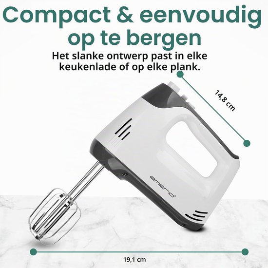 HM-130365 Elektrische handmixer, handmixer, handmixer met 400 watt, 5 snelheden en turboknop, extra lange garde, kneedhaak van roestvrij staal, geschikt voor vaatwasser, BPA-vrij — afbeelding 5