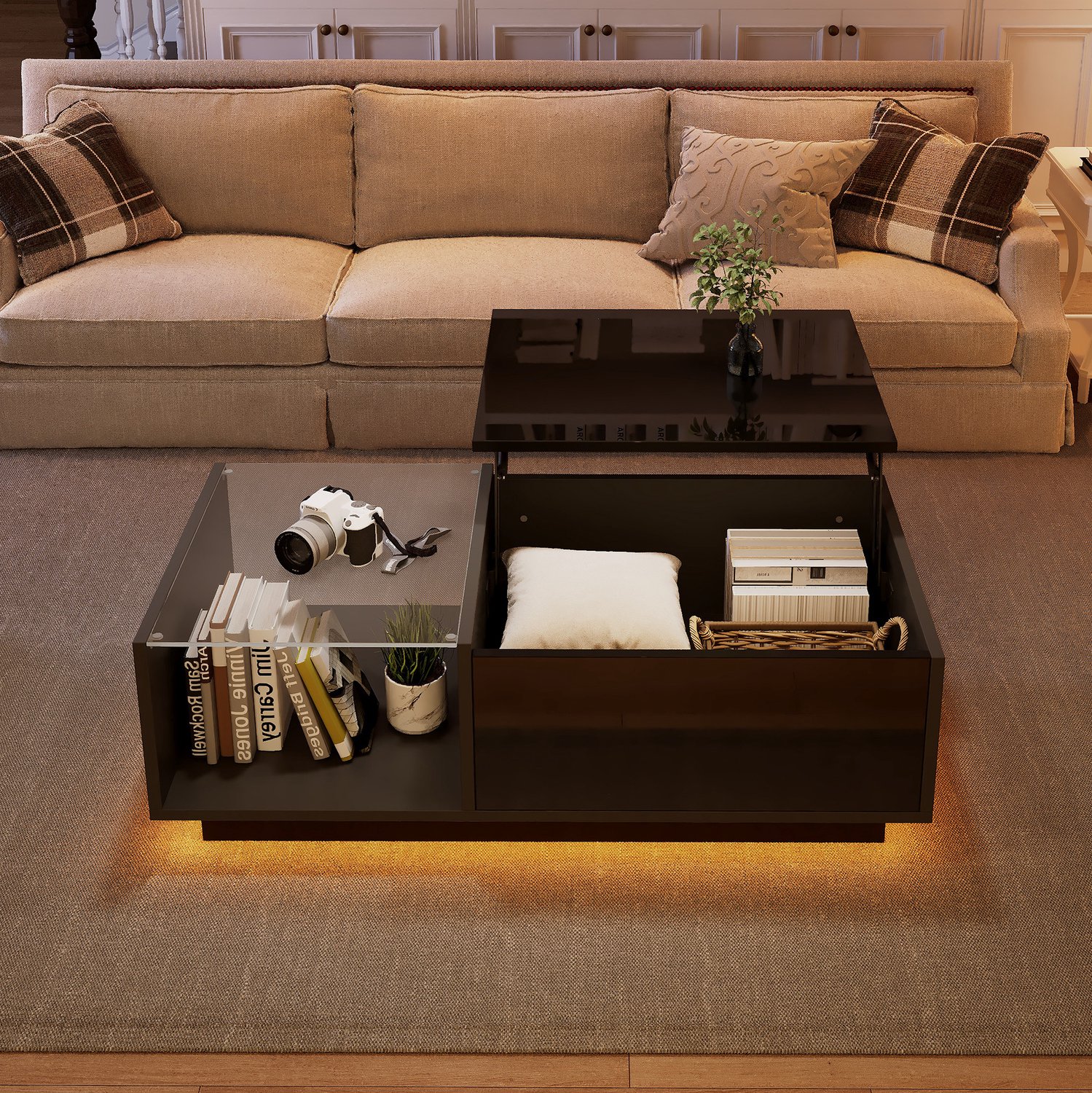 Maisentiel Salontafel 100x50 cm met LED, opklapbaar blad en opbergruimte, zwart