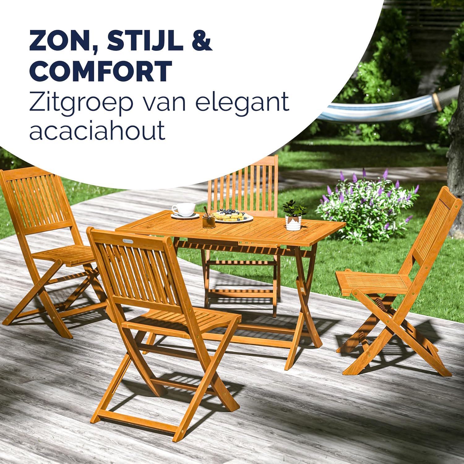 Opvouwbare Houten Tuinset voor 4 Personen met Extra Stabiele Tafel, FSC-gecertificeerd Acaciahout, 5-delige Balkonset met 4 Inklapbare Tuinstoelen, Olieafwerking, Natuurlijk Bruin, 120 cm Tafel, voor Tuin, Terras en Balkon