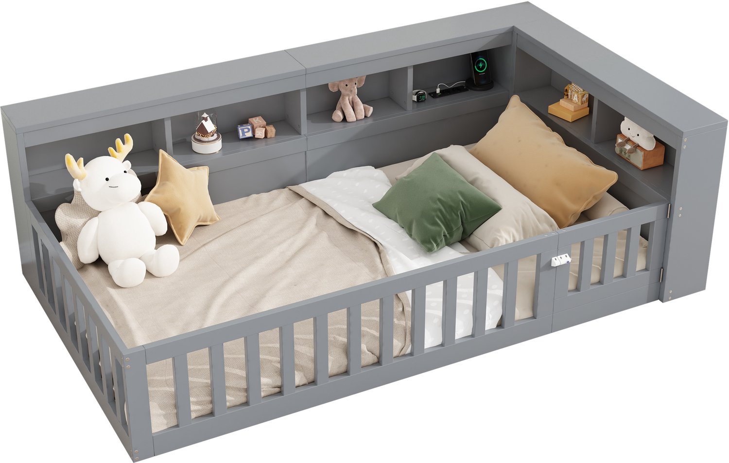 Bedbank 90x200 cm - Met Opbergvakken En Beweegbaar Bedhekje - Inclusief Lattenbodem - Spaanplaat En MDF - Grijs Met Stopcontact En USB