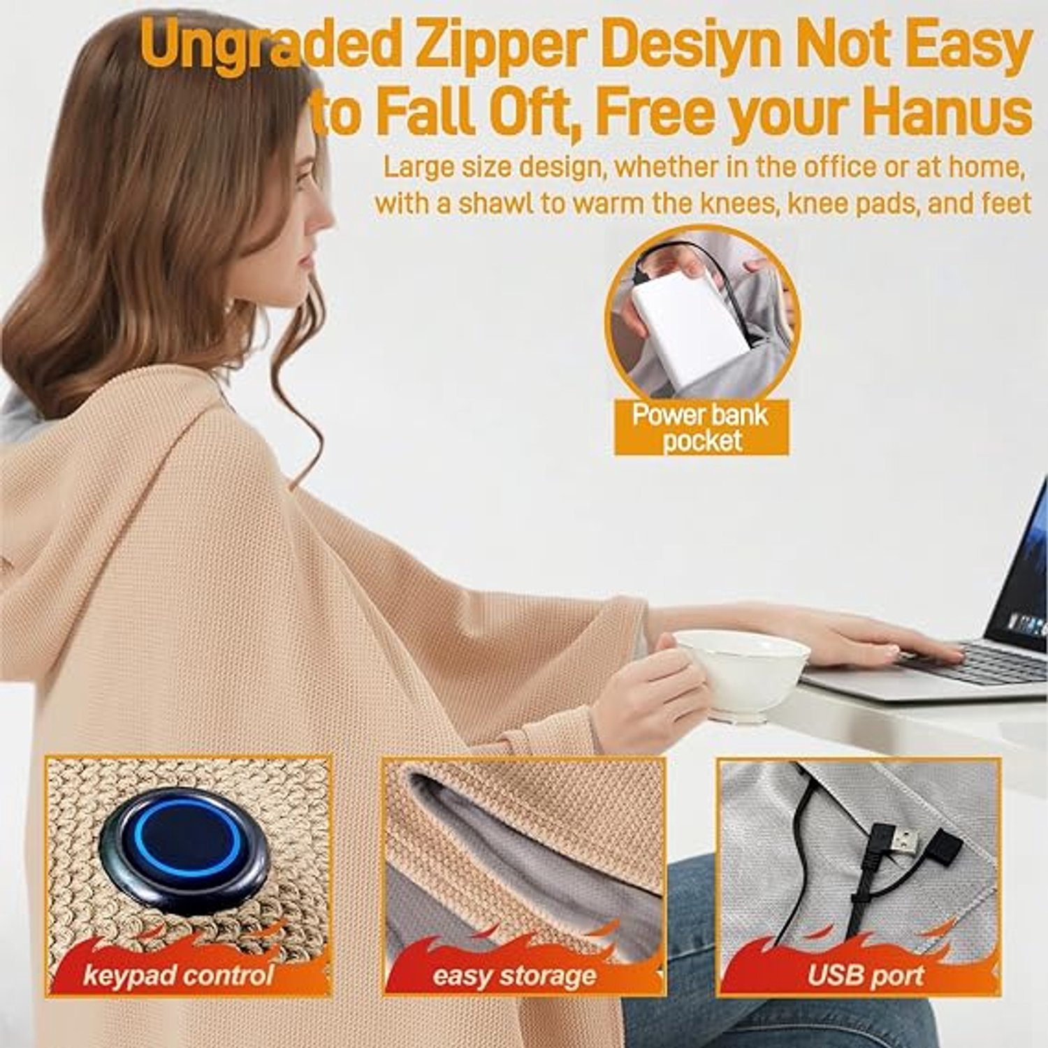 Elektrische deken - 150x80cm - Elektrische Cape met Rits - 8 Zones - 35-55°C - 3 Standen - Hoodie Deken - USB (Excl. Powerbank) - Voor Thuiswerken & Bank - Groen – foto 6