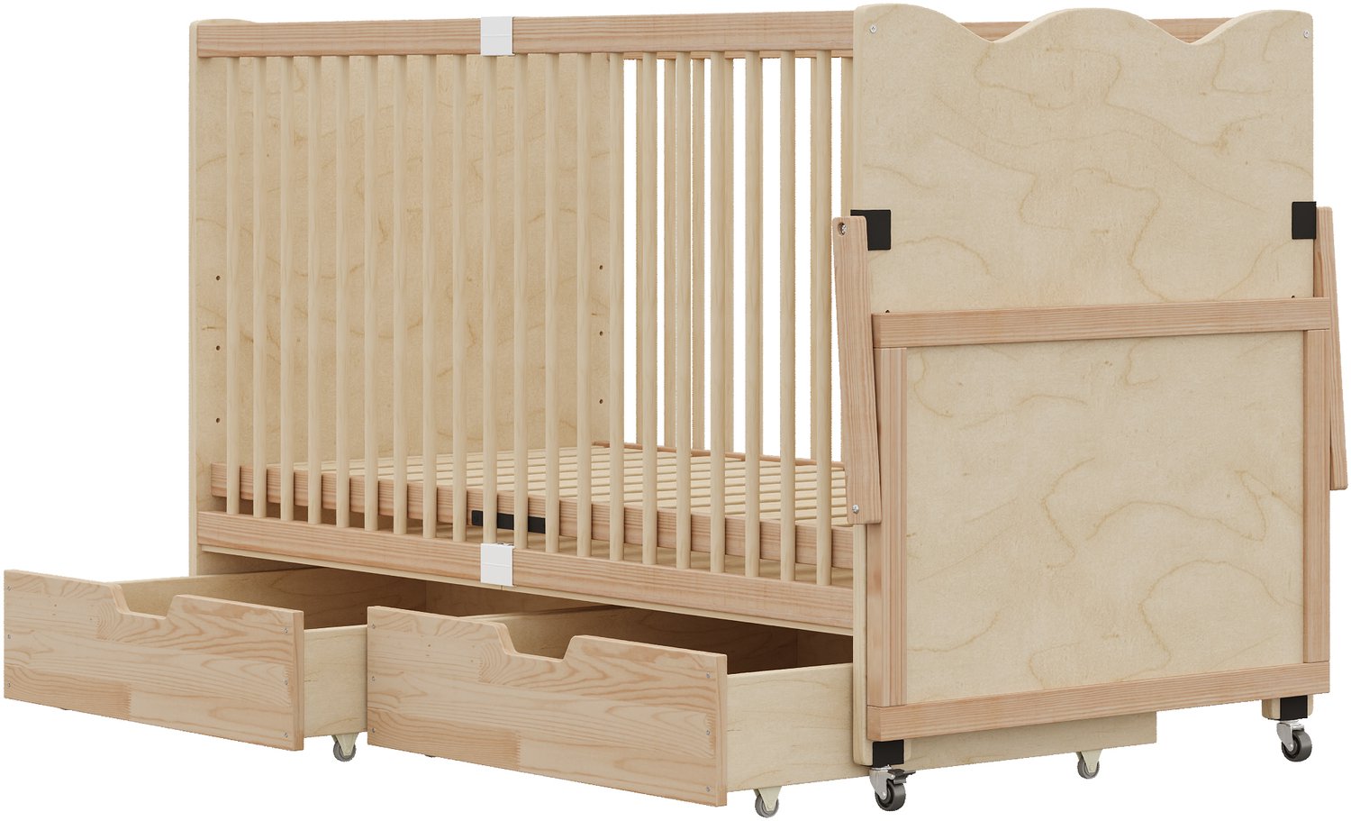 Massief Grenen Babybed - Afmetingen 140 x 70 x 94,5 cm - Verstelbare Lattenbodem - Twee Opberglades En Zijplank - Naturel Houtkleur