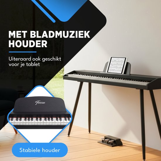 Zwarte Finesse piano met stabiele houder voor bladmuziek of tablet.