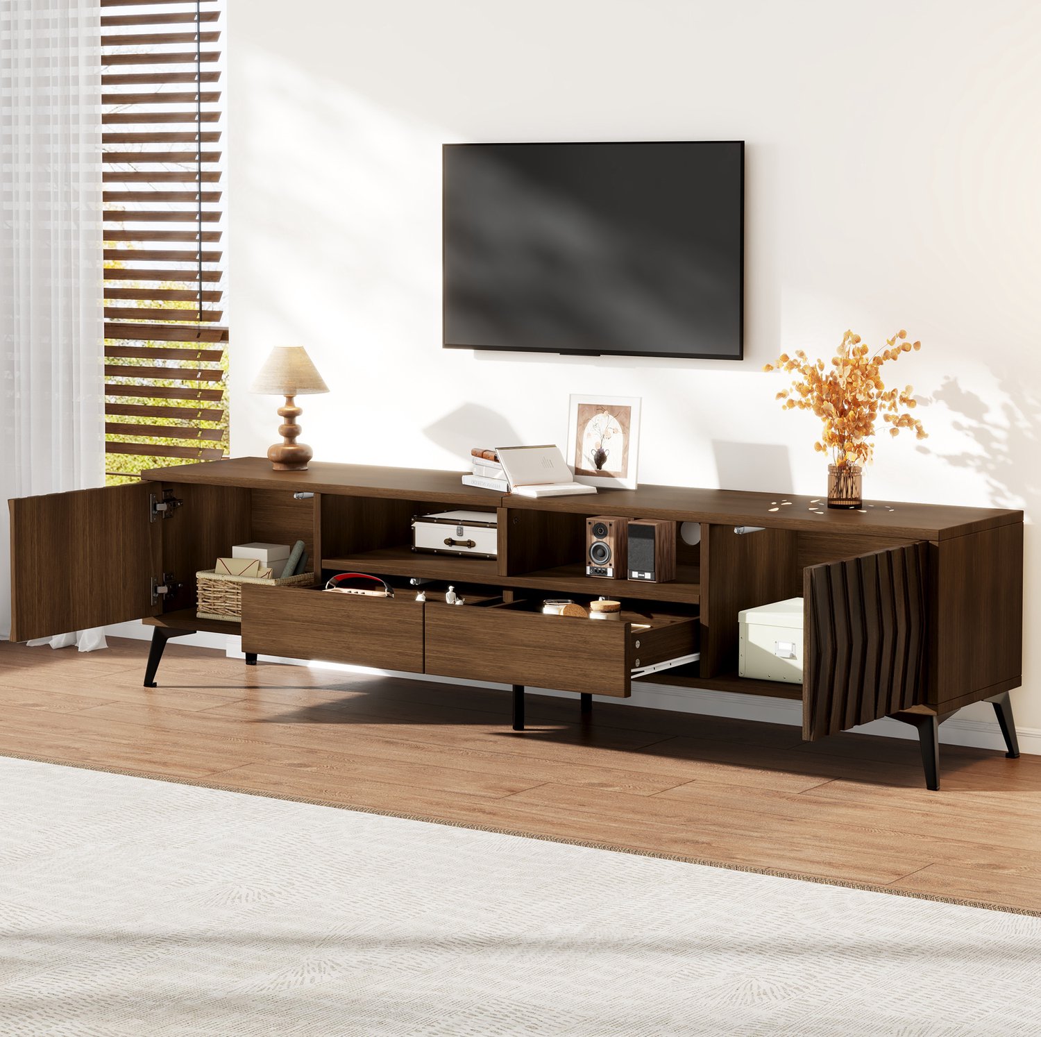 MIVRAY Televisiekast - Retro Ontwerp Met Twee Deuren En Twee Laden - Voor Televisies Tot 75 Inch - Spaanplaat - 180x35x45 Cm - Walnootkleur