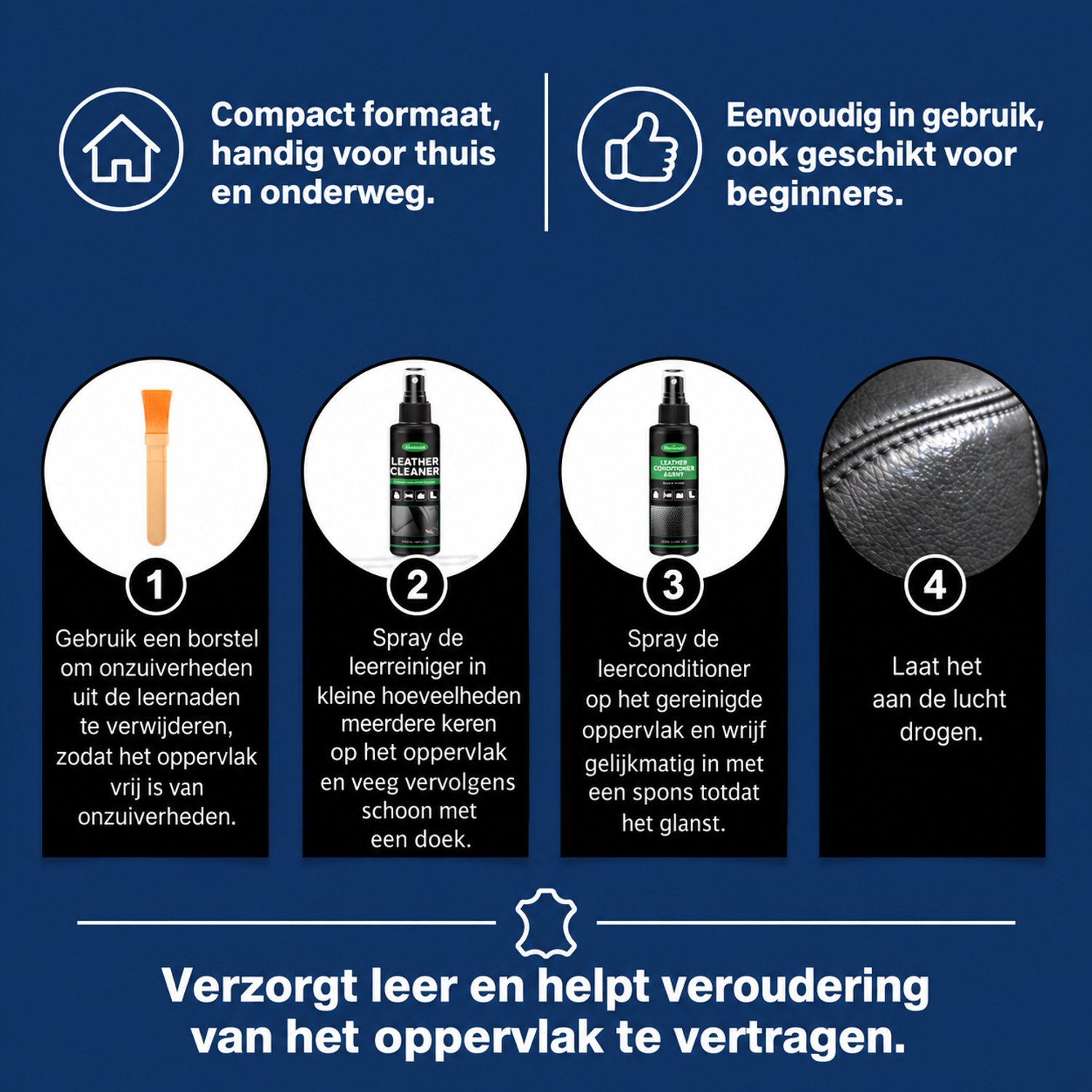 Homonth Leer Onderhoud Set 200 ml – Leerreiniger & Leerverzorging Conditioner – Leather Care Kit met Borstel, Spons & Microvezeldoek – Voor Leer & Kunstleer – Auto, Bank, Meubels, Schoenen en Tassen – foto 3