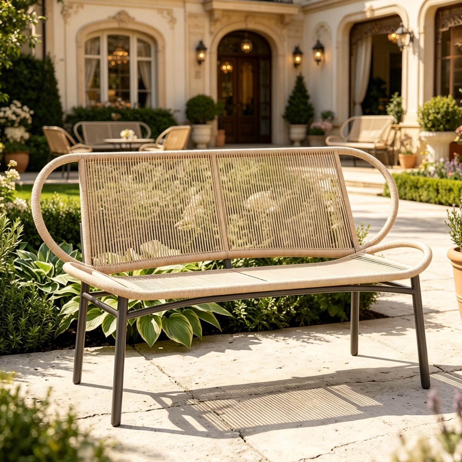 CHICFURN Loungebank 2-zits - Geweven PE-rattan - Metaal - Zwart en naturel