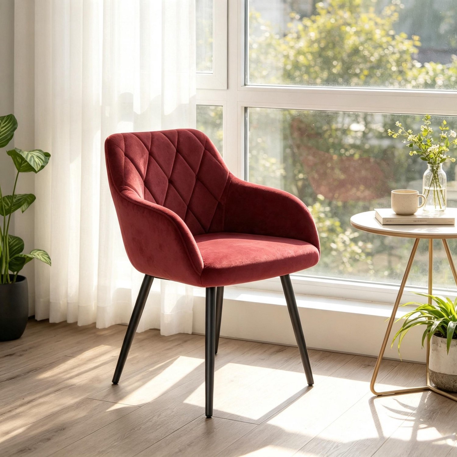 Clruro Eetkamerstoel - Zitvlak 44×42,5 cm - met Armleuningen - Gestoffeerd - Fluweel/Metaal Rood