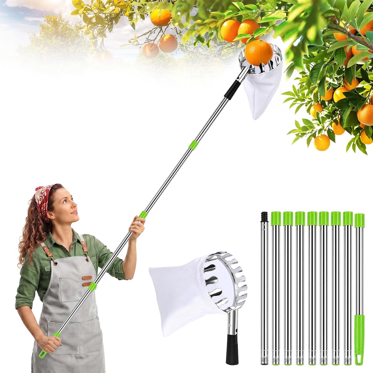 KZQ Fruitplukker - 4 M - Telescopische fruitplukstok - Verstelbaar plukgereedschap voor fruitbomen - Inclusief grote plukmand van vliesmateriaal - Inclusief opbergtas