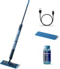 Philips OneUp elektrische dweil in blauw met oplaadkabel, extra dweilpad en reinigingsvloeistof.