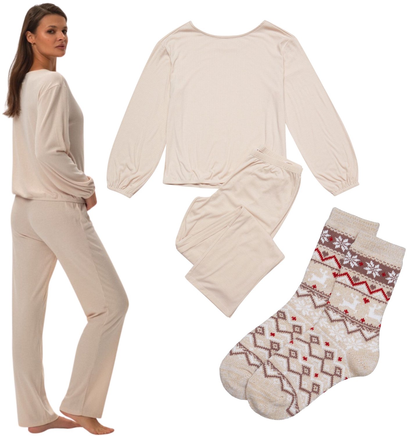 ESOTIQ Janna - Damespyjamaset met wintersokken - Zacht - Beige Beige;Meerkleurig