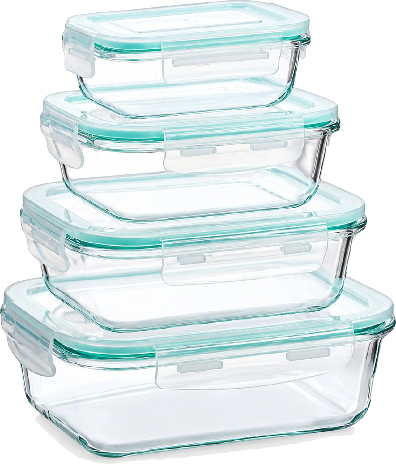 Lunchboxset met 4 glazen bewaardozen, 200, 370, 640 en 1040 ml, blauwe deksels en zijclips