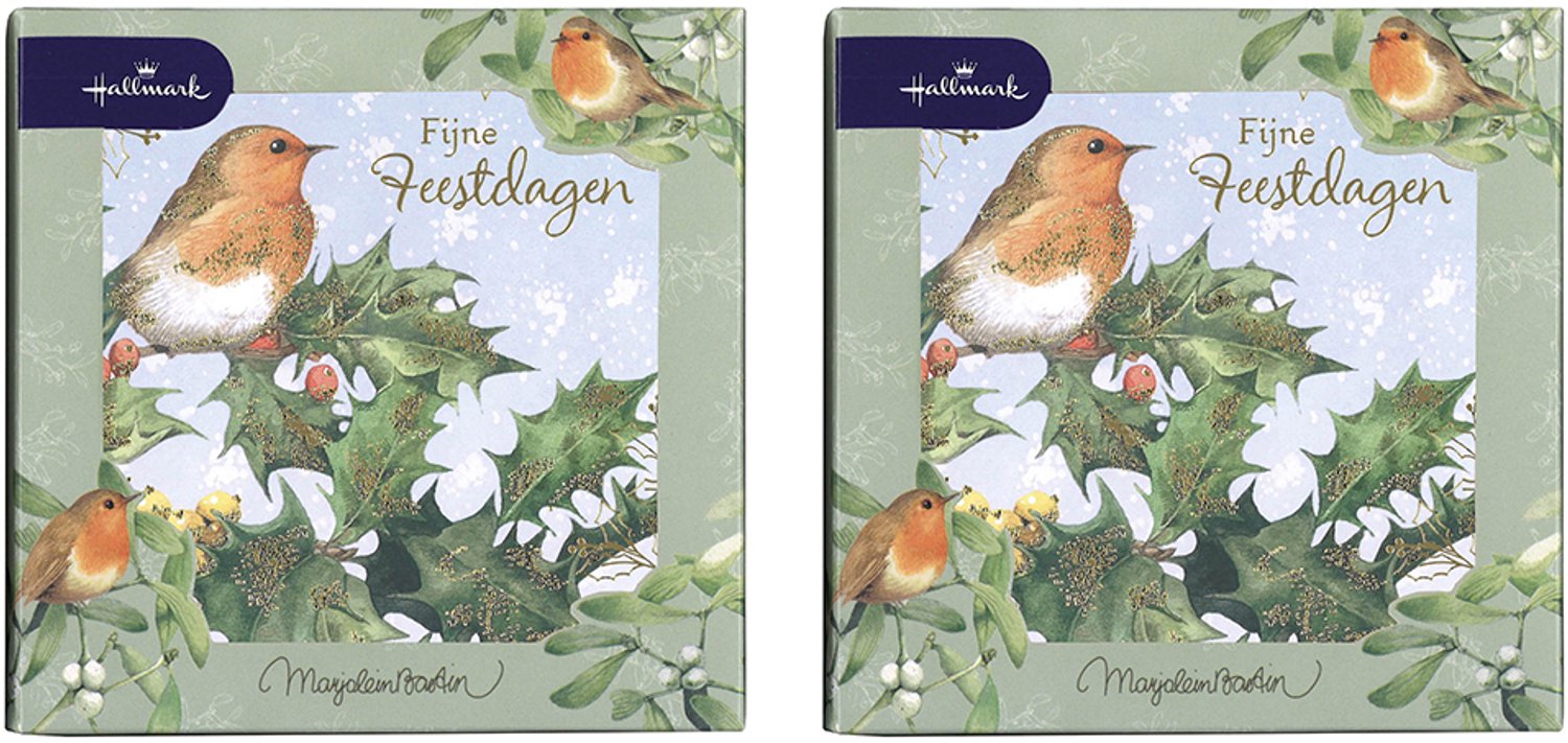 Hallmark - Marjolein Bastin - 16 Kerstkaarten - Roodborstje - Goudfolie - Vierkant - Kerst - Nieuwjaar - 13 x 13 cm