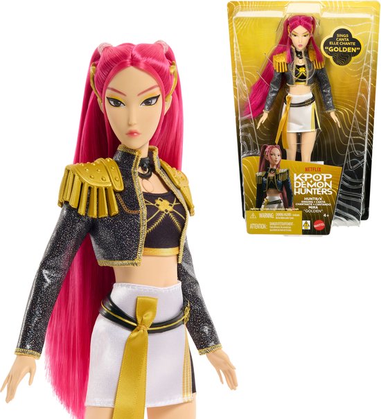 Pop met lang roze haar en K-Pop outfit, met verpakking "K-Pop Demon Hunters".