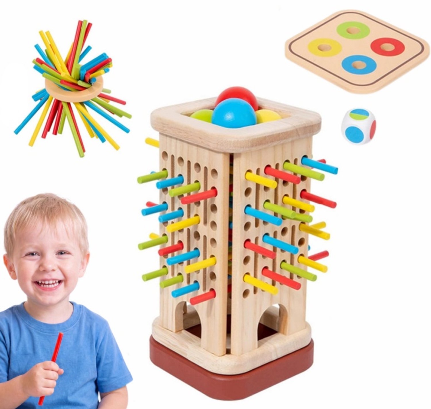 Montessori Houten Speelgoed 3-in-1 Stokspel - Educatief Spel voorKleurherkenning - Cadeau 3 Jaar - Kinderspellen
