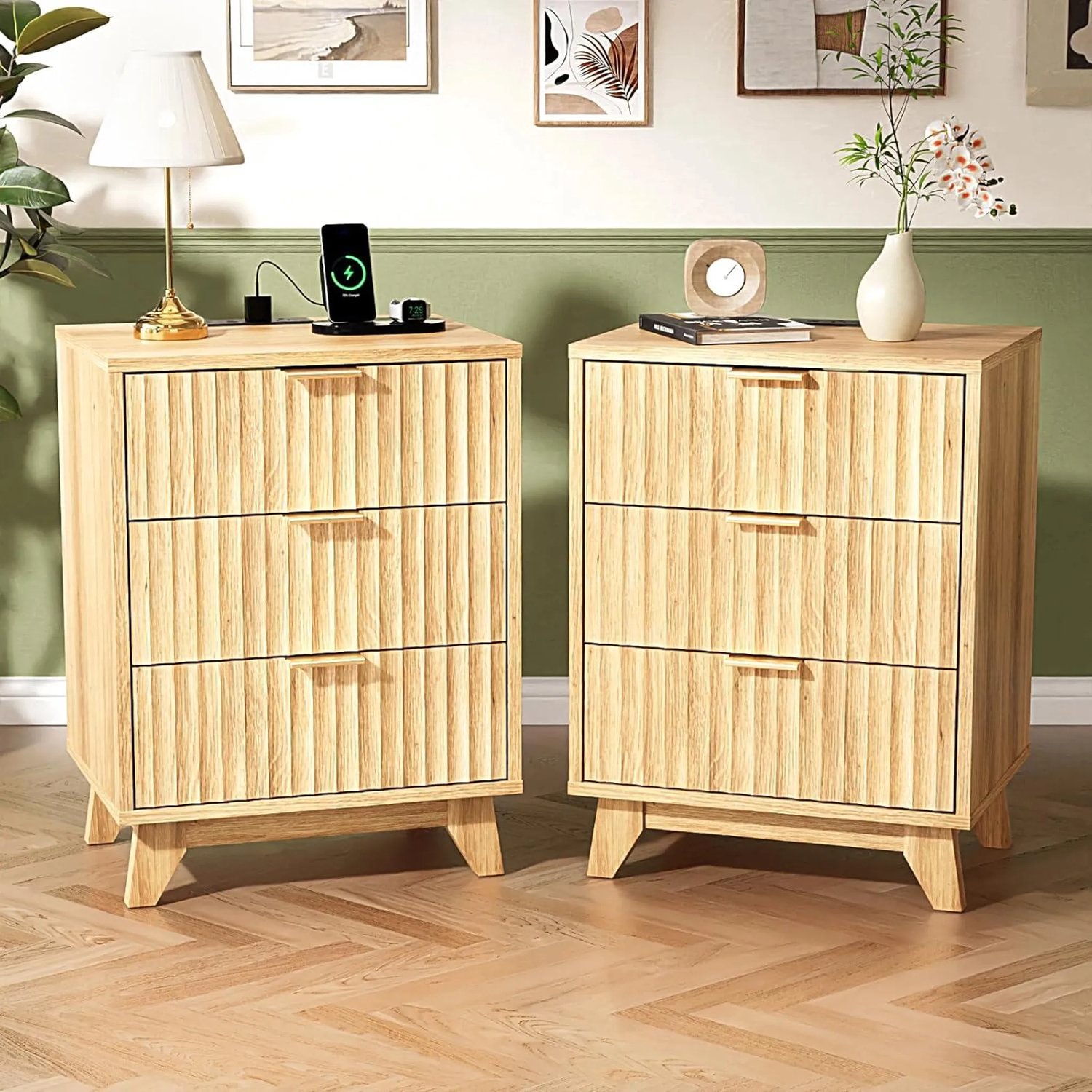 LEADZM Set van 2 Nachtkastjes met 3 lades - Eiken - 45 x 30 x 60 cm