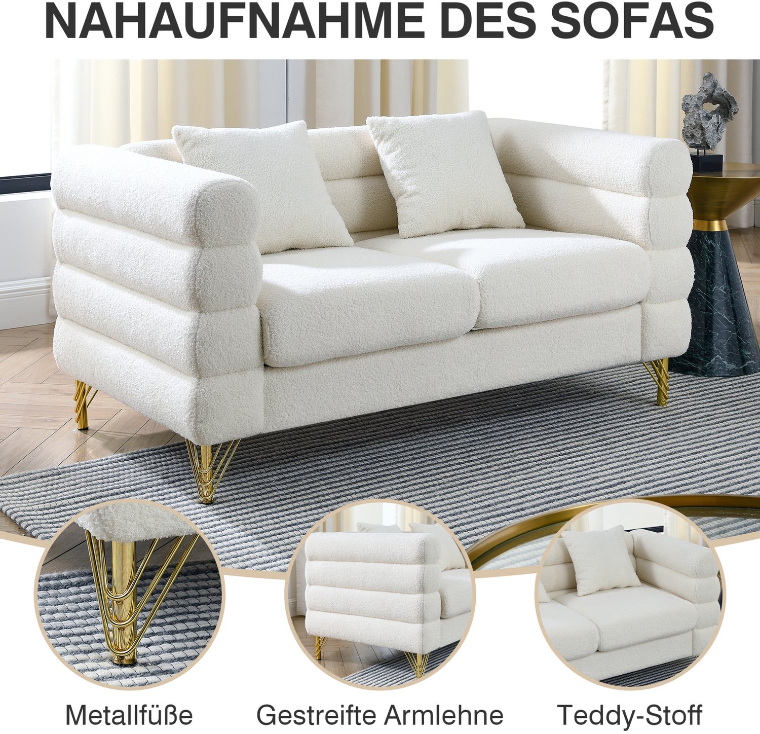 Wishdor 3-zits bank - Zachte teddy bekleding - Gouden metalen poten - Wolkenvormige rugleuning met sierkussens - Modern design voor woonkamer - Wit