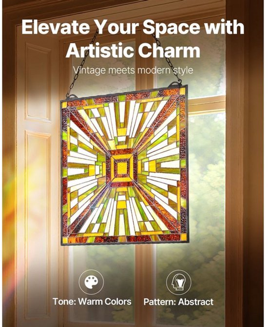 Glas-in-Lood Raampaneel Hangend - 501 x 527 mm - Glas - Vintage Stijl - Raamdecoratie — afbeelding 4