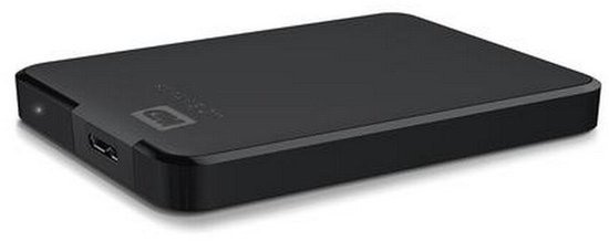 Zwarte Western Digital Elements draagbare harde schijf, zijaanzicht met USB-poort.