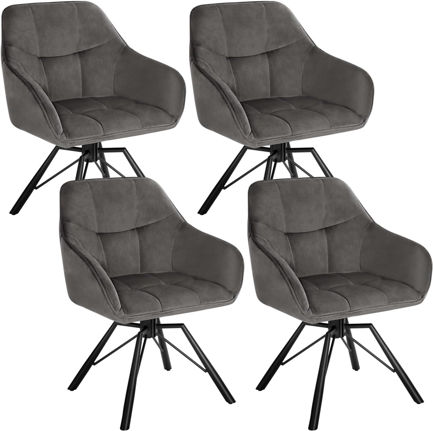 Draaibare Fluwelen Eetkamerstoelen met Armleuningen en Ergonomische Rugleuning – Set van 4 Grijze Gestoffeerde Stoelen met 360° Draaifunctie, Metalen Onderstel en Comfortabele Zitting, 150 kg Draagvermogen, voor Eetkamer, Keuken en Woonkamer