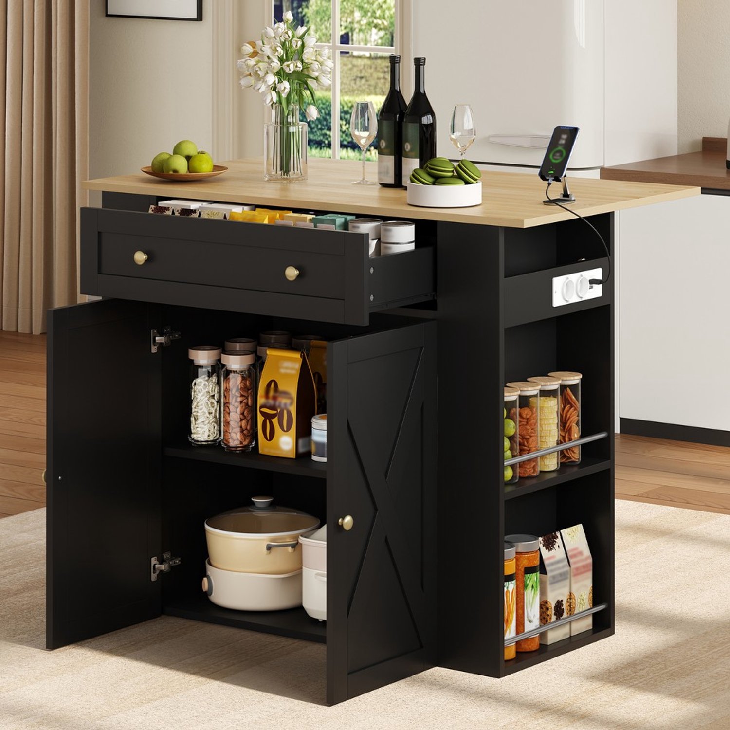 Pugsdrly Keukeneiland met neerklapbaar werkblad, keukenkast met 2 deuren, 1 lade en open zijplanken, koffiebar met stopcontacten voor eetkamer en woonkamer, 120 × 47 (75) × 97 cm Zwart
