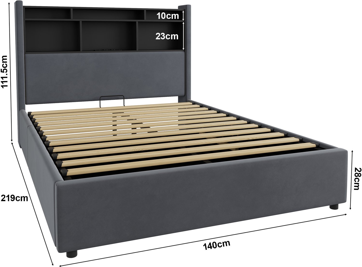 MODENUIT Gestoffeerd Bed 140x200 cm - Led en Oplaadpunt - Hydraulische Opbergruimte - Zonder Matras - Donkergrijs