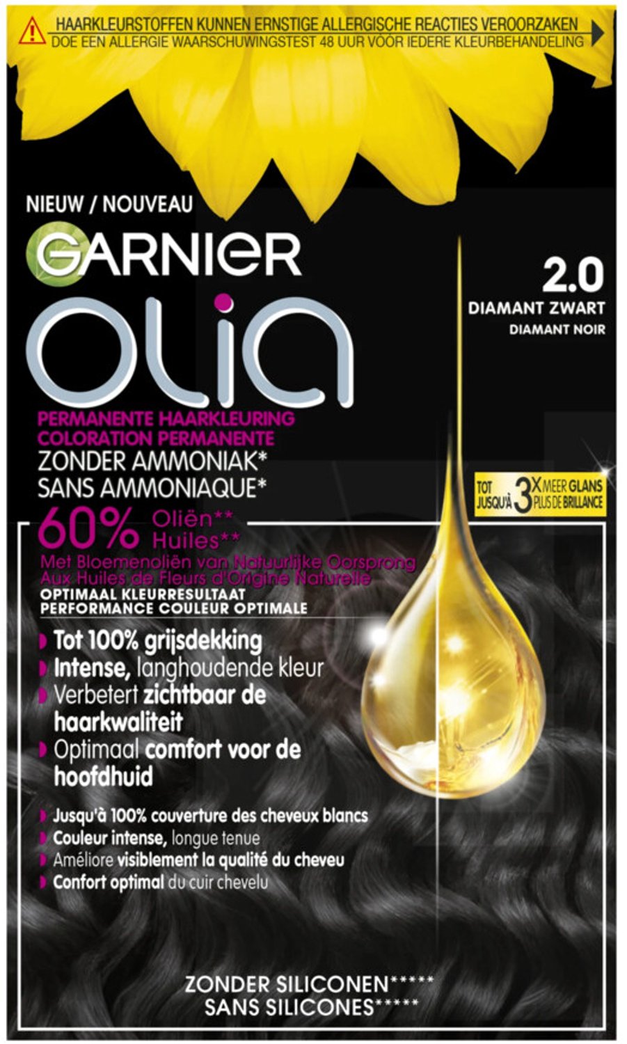 Garnier Olia Diamant Zwart 2 - Permanente Haarkleuring Zonder Ammoniak - Kleurcrème op basis van 60% oliën - Haarverf