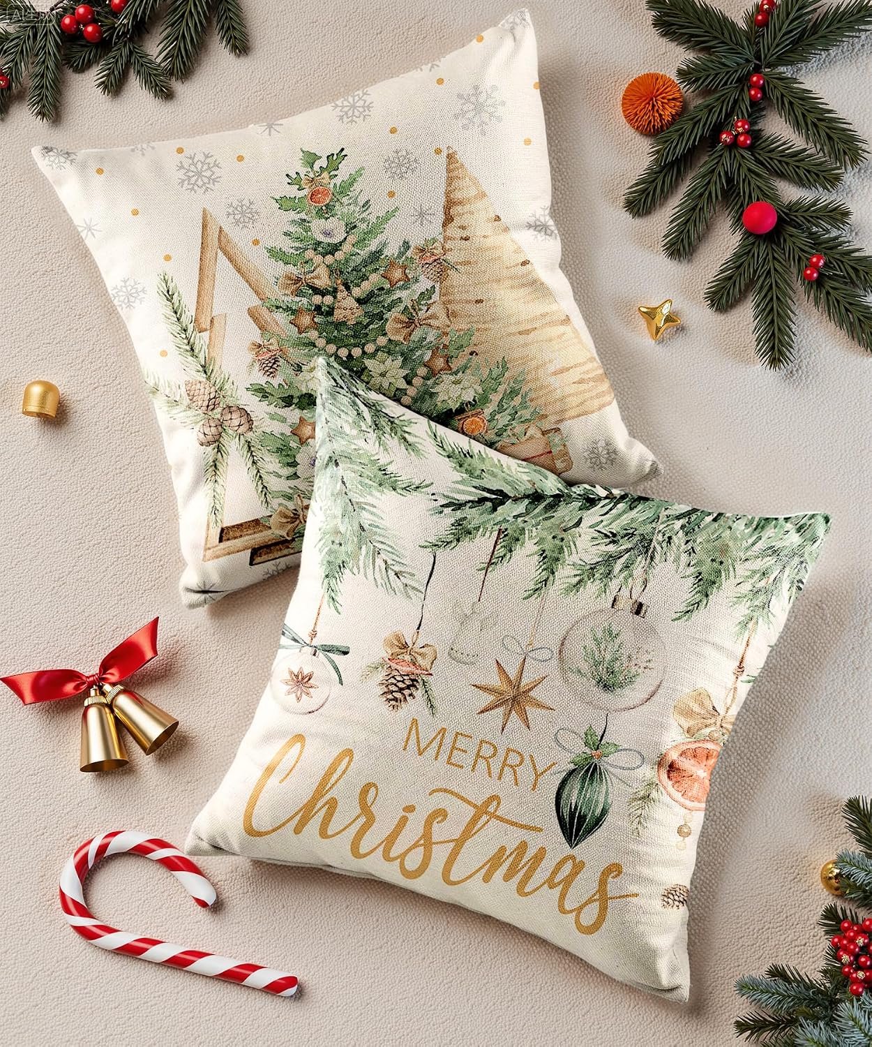 Set van 4 - Kerst kussensloop - Kussenhoes - Kerstkussenslopen - 45 x 45 cm - Kerst decoratie - Kussenhoesjes - Winter vakantie kerstdecoratie - Thuis bank kussen - Binnen decoraties - Voor decoratie Kerstmis, bank, slaapkamer - Polyester - Beige – foto 2