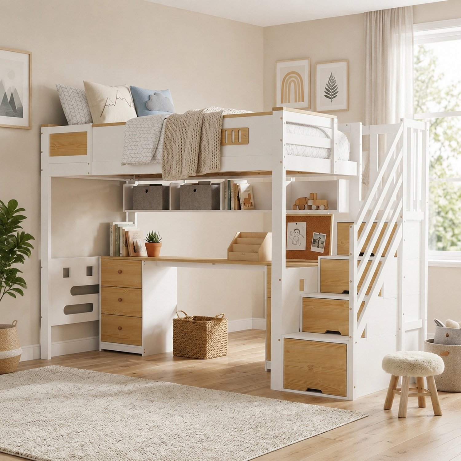 Wishdor Hoogslaper 90x200 cm - Bureau met lades - Opbergtrap en hangrek - Modern kinderbed voor slapen leren en opbergen - Hout en MDF - Wit en naturel