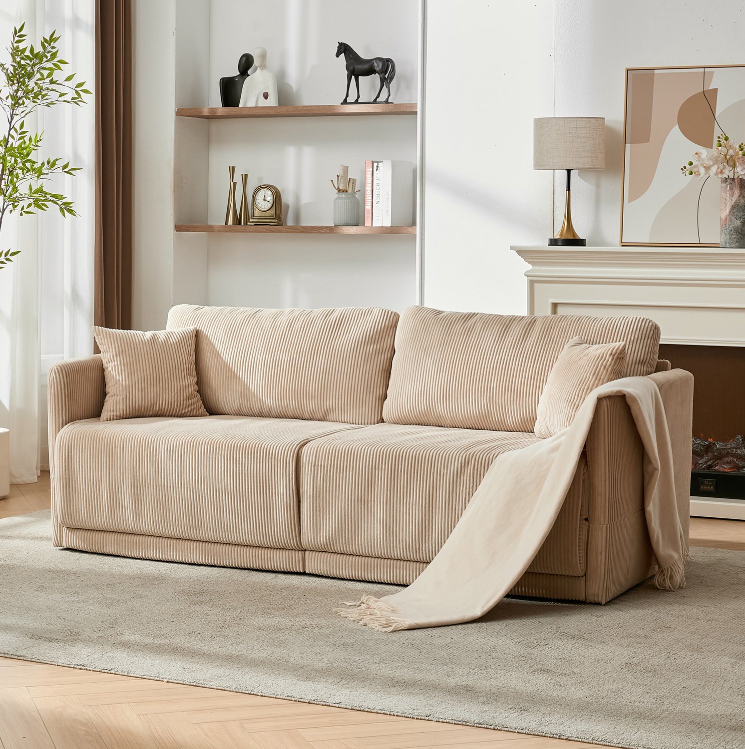 Wishdor Slaapbank - Tweezits met slaapfunctie - Opklapbaar voor gasten - Schuimvulling en vering - Woonkamer kantoor studio - Polyester corduroy - Beige - 182 x 88 x 84 cm