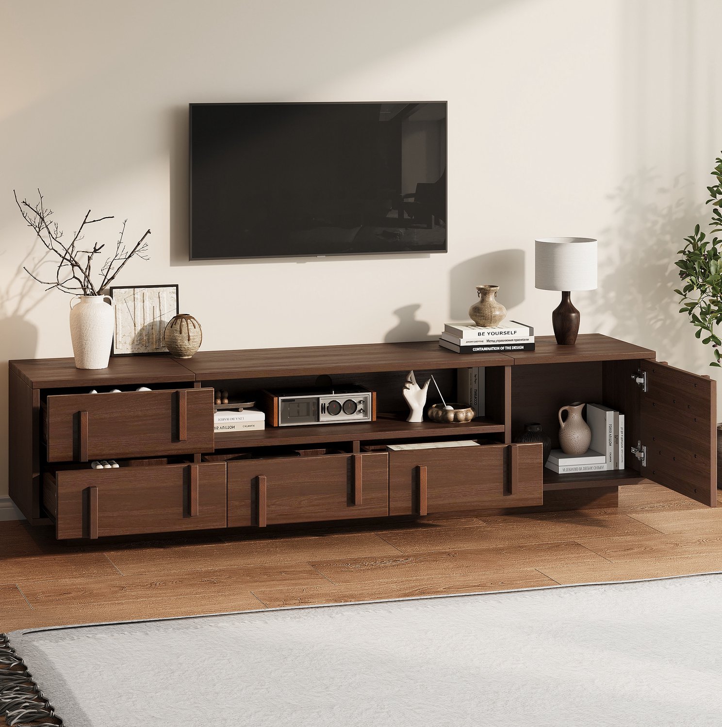 OKWISH TV-Meubel - 4 Lades, 1 Kastvak En 2 Open Vakken - Kabeldoorvoer - Voor Tv's Tot 75 Inch - MDF Walnootkleur - 180 x 40 x 45 cm