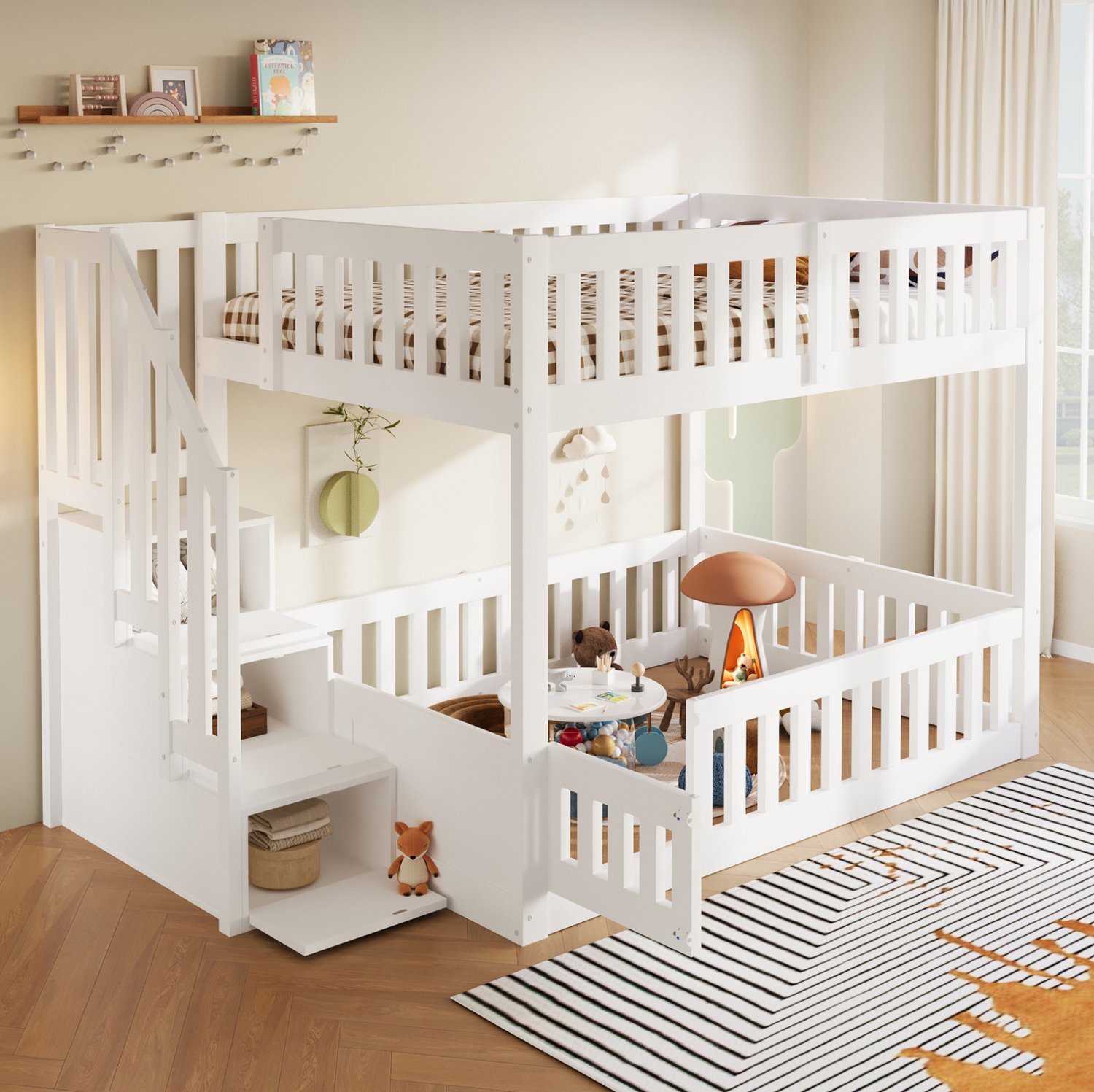 MIVRAY Stapelbed 140x200 cm - Laag Kinderbed Met Trap En Opbergruimte - Met Lattenbodem Zonder Matras - Hout En MDF - Wit