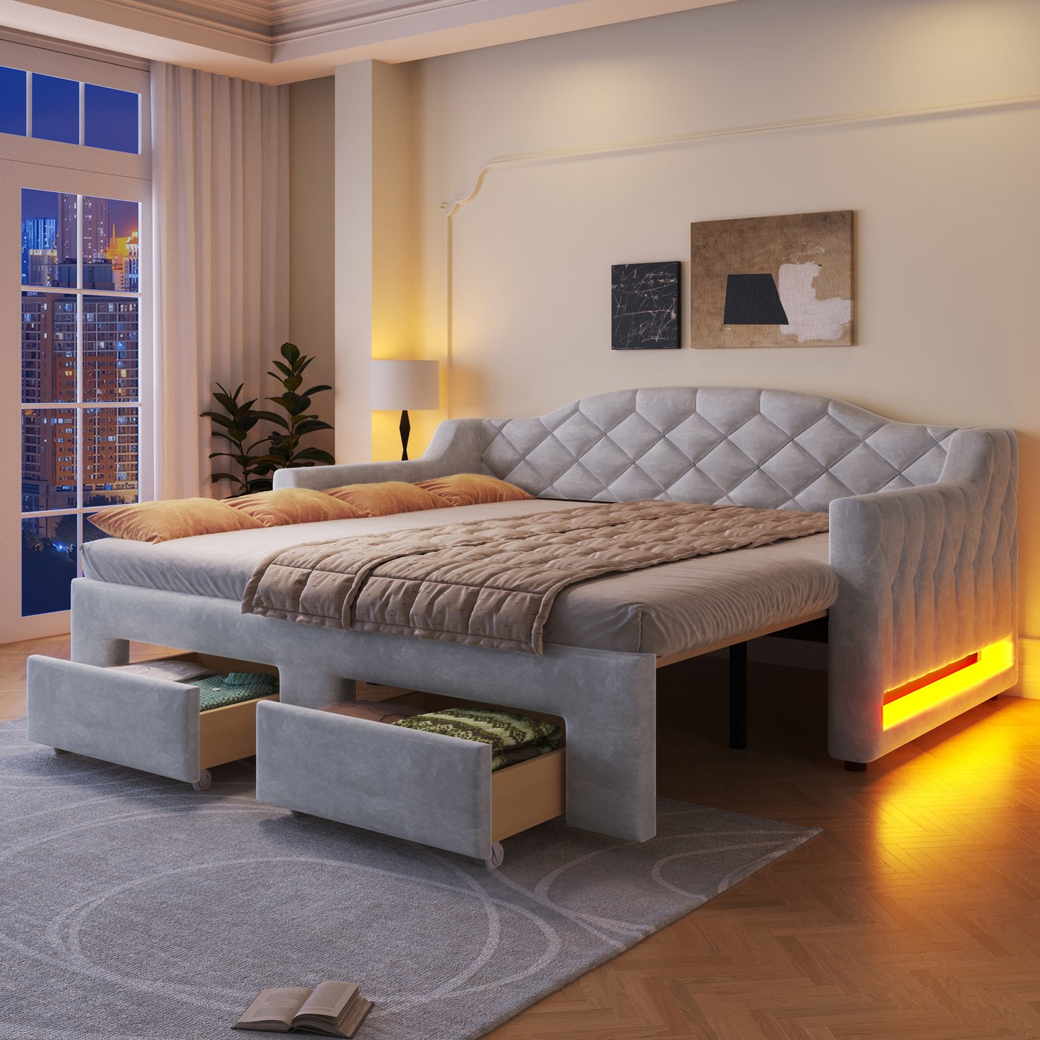 Gestoffeerd dagbed (90x200 tot 180x200 cm) met twee lades en LED-verlichting, Grijs