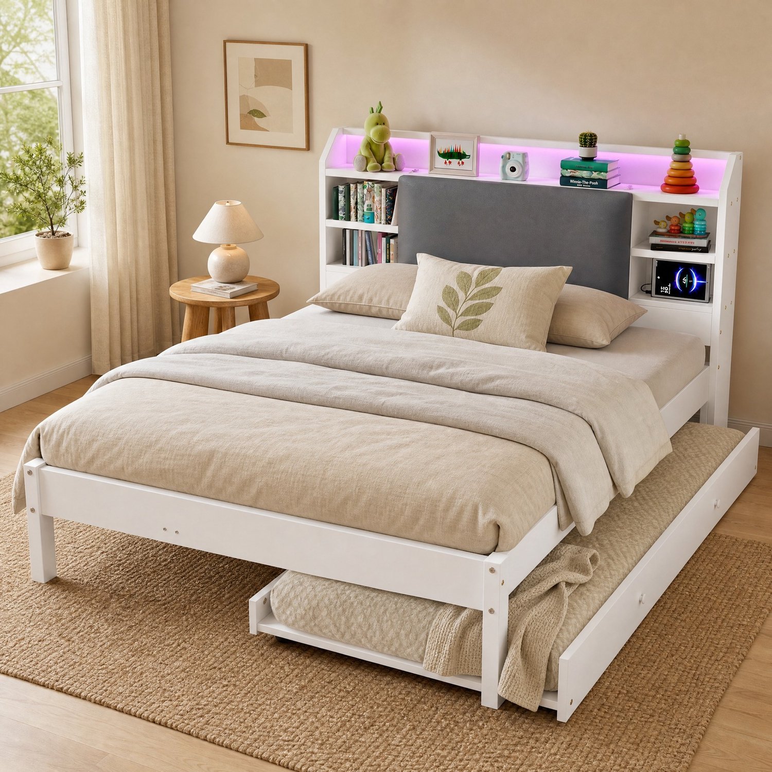 WUVRIE Bed 120x200 cm met uitschuifbed 90x190 cm - Gestoffeerd hoofdbord met LED en oplaadstation - Wit